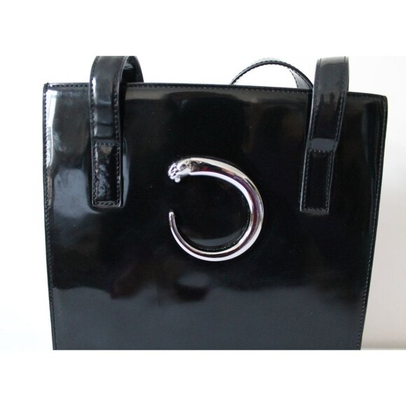 Cartier Vintage Black Silver Panther Pantent Leather Handbag - Picture 2 of 6